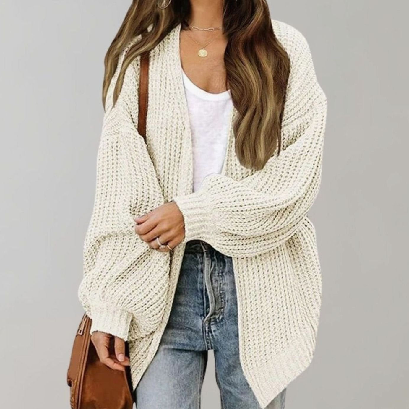 Women's Relaxed Oversized Knit Open Front Cardigan - White