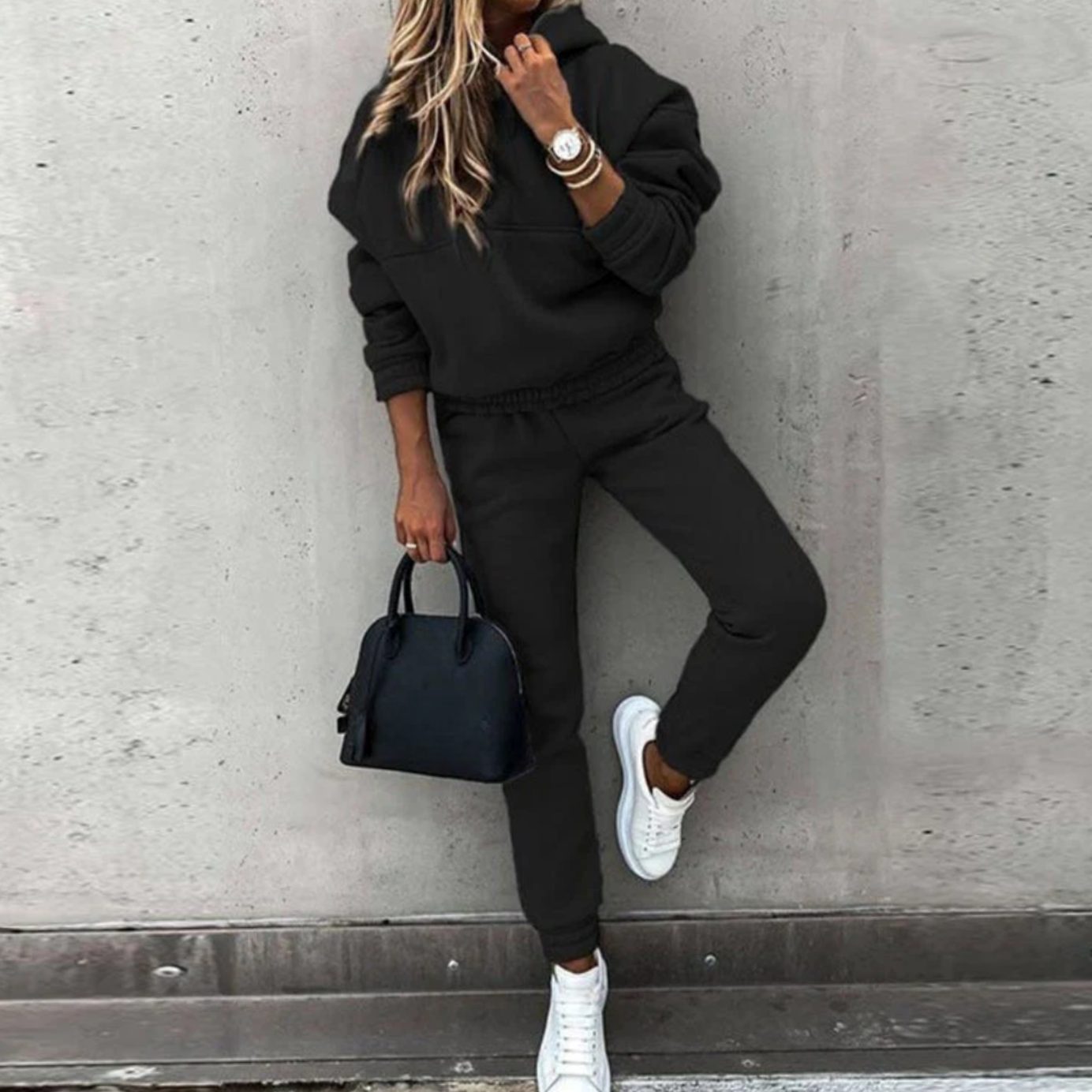 Women's Relaxed Stretch Fit Hoodie Joggers Matching Set - Black