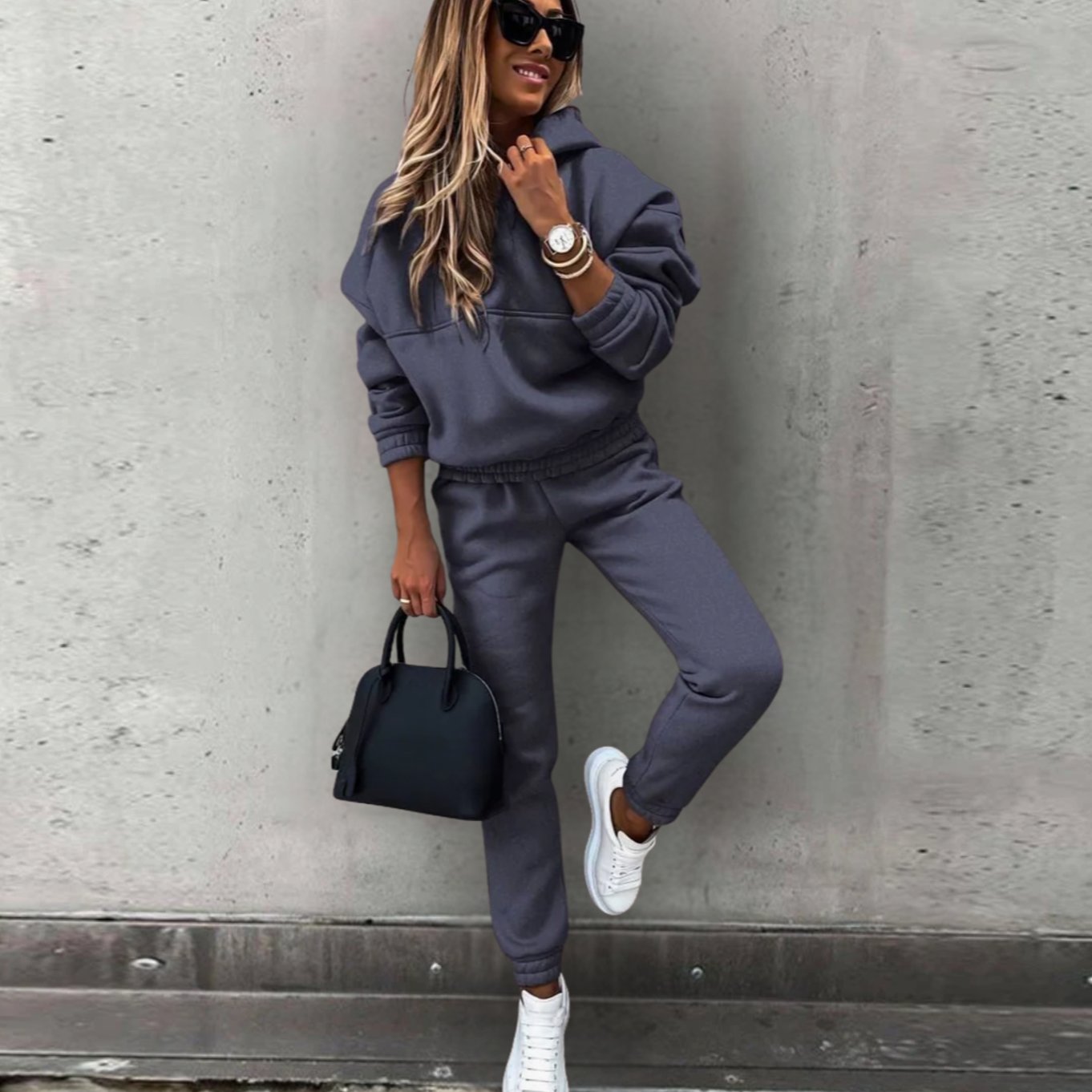 Women's Relaxed Stretch Fit Hoodie Joggers Matching Set - Dark Grey