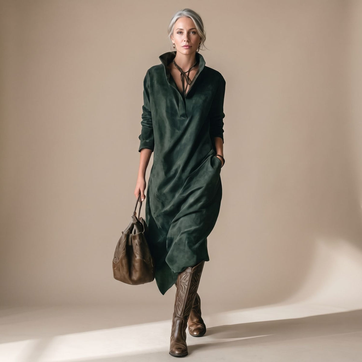 Women's Relaxed Suede Lapel Long-Sleeve Midi Dress with Pockets