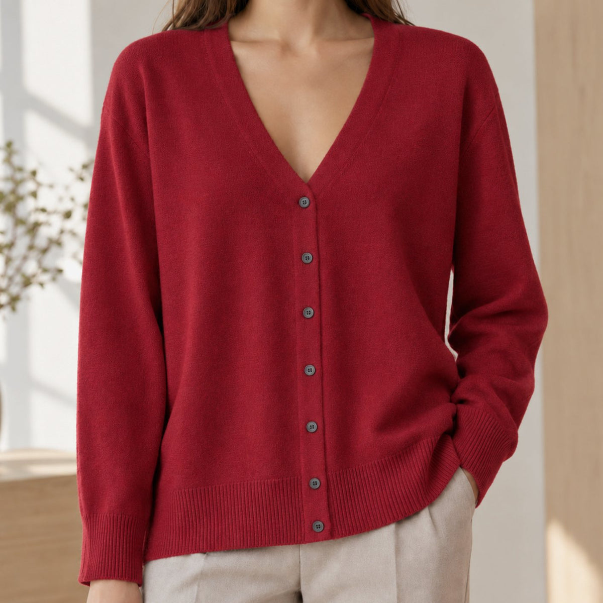Women's Relaxed V-Neck Button-Front Knit Cardigan - Cherry Red