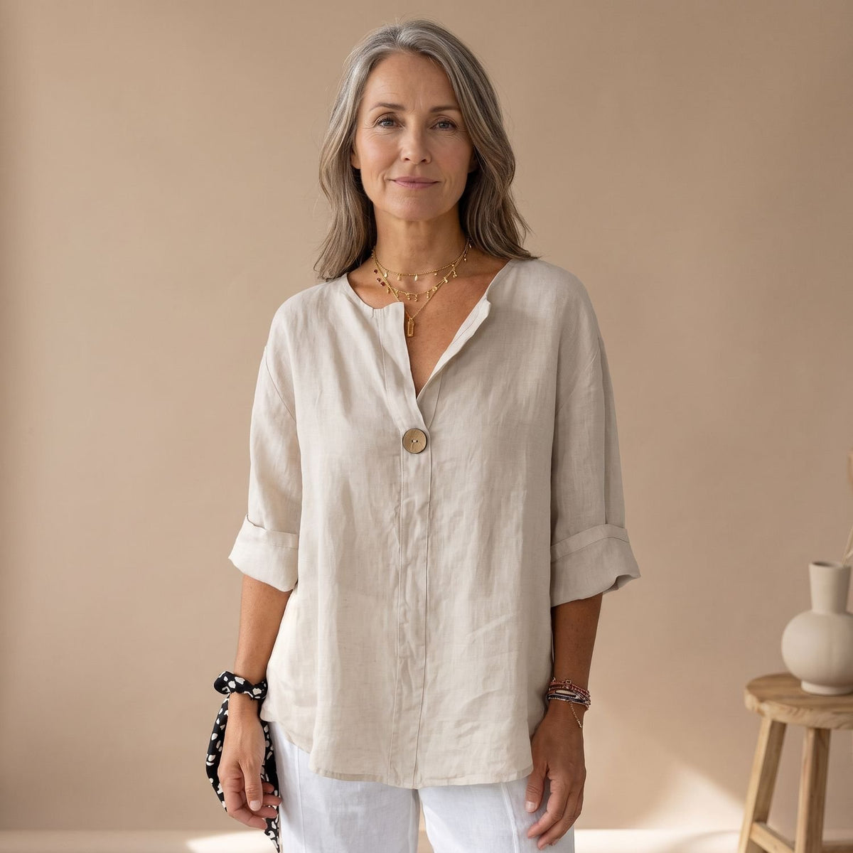 Women's Relaxed V-Neck Cotton-Linen Blouse - Beige