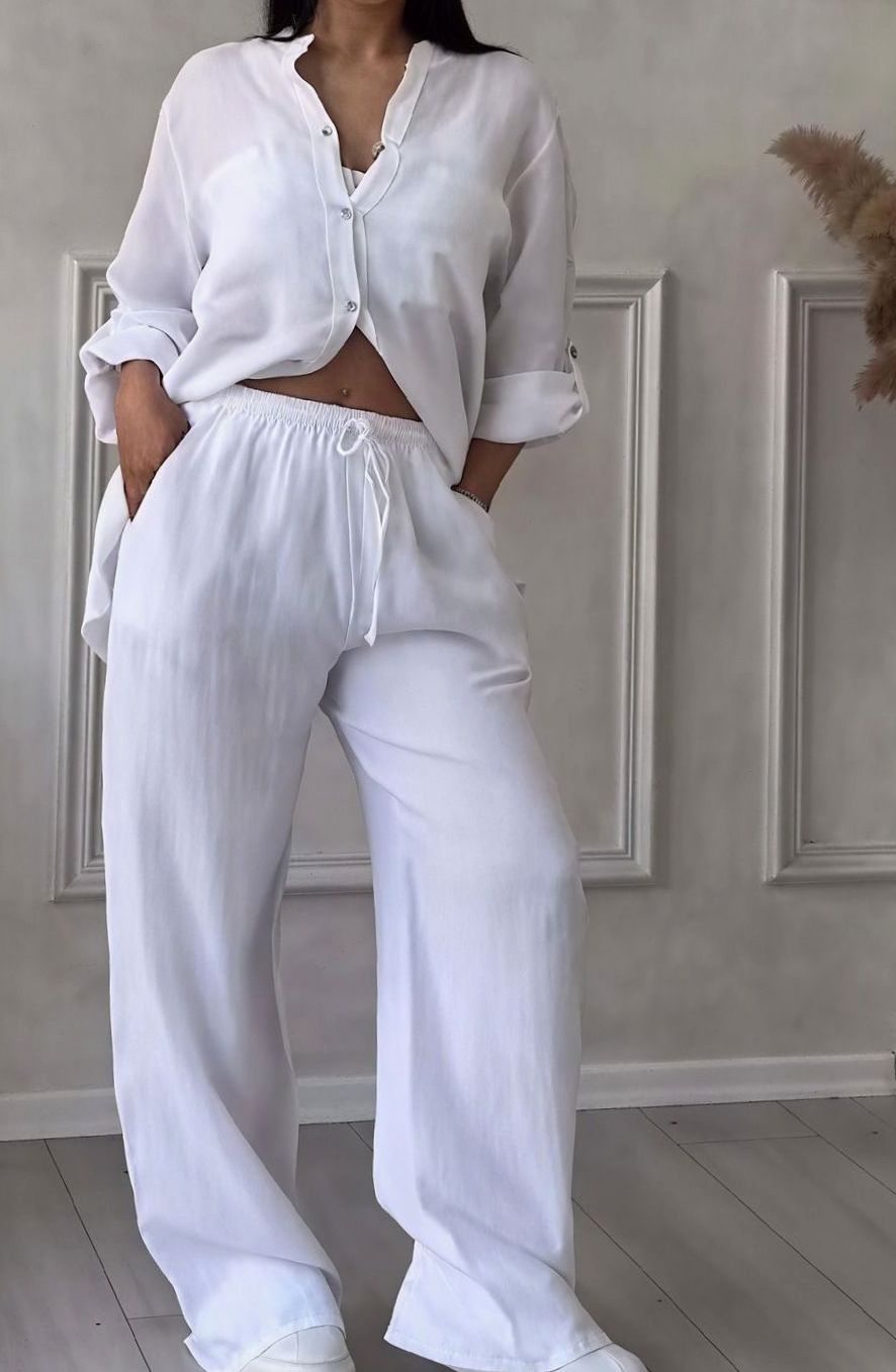 Women's Relaxed Wide-Leg Linen Two-Piece Set - White