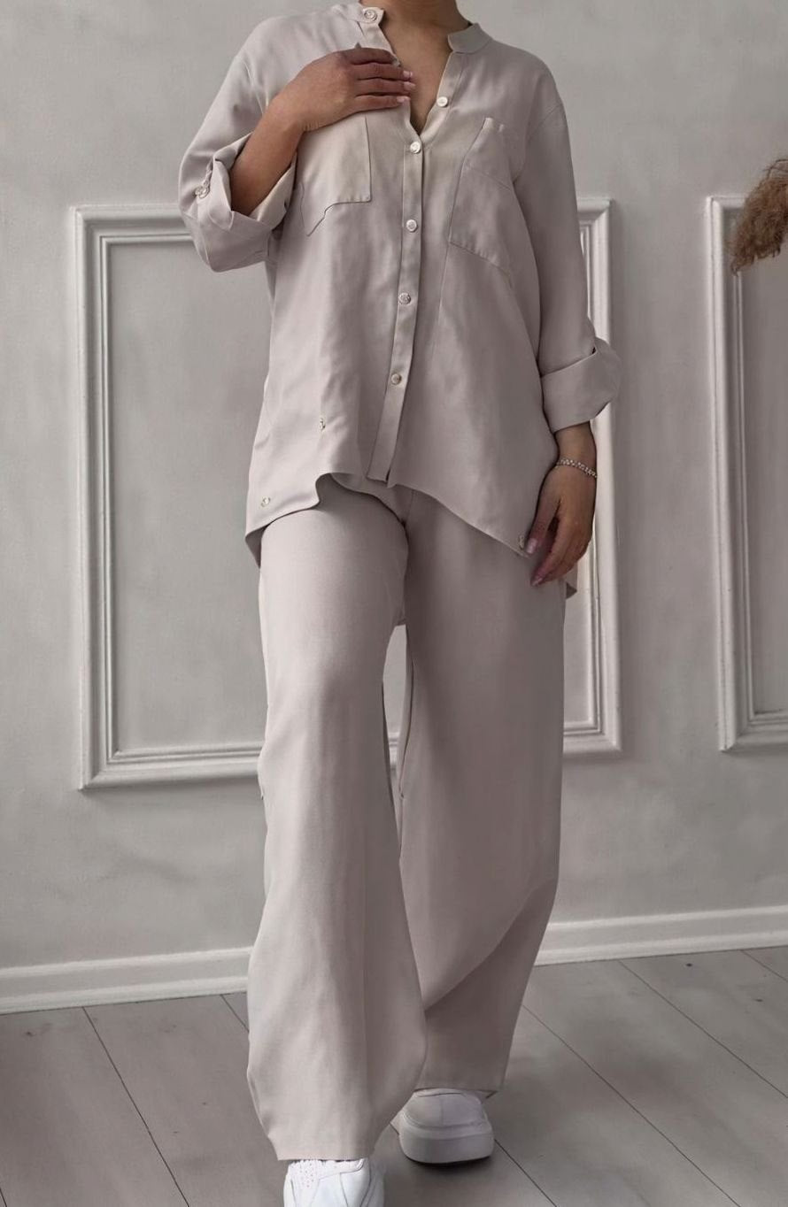 Women's Relaxed Wide-Leg Linen Two-Piece Set - Apricot