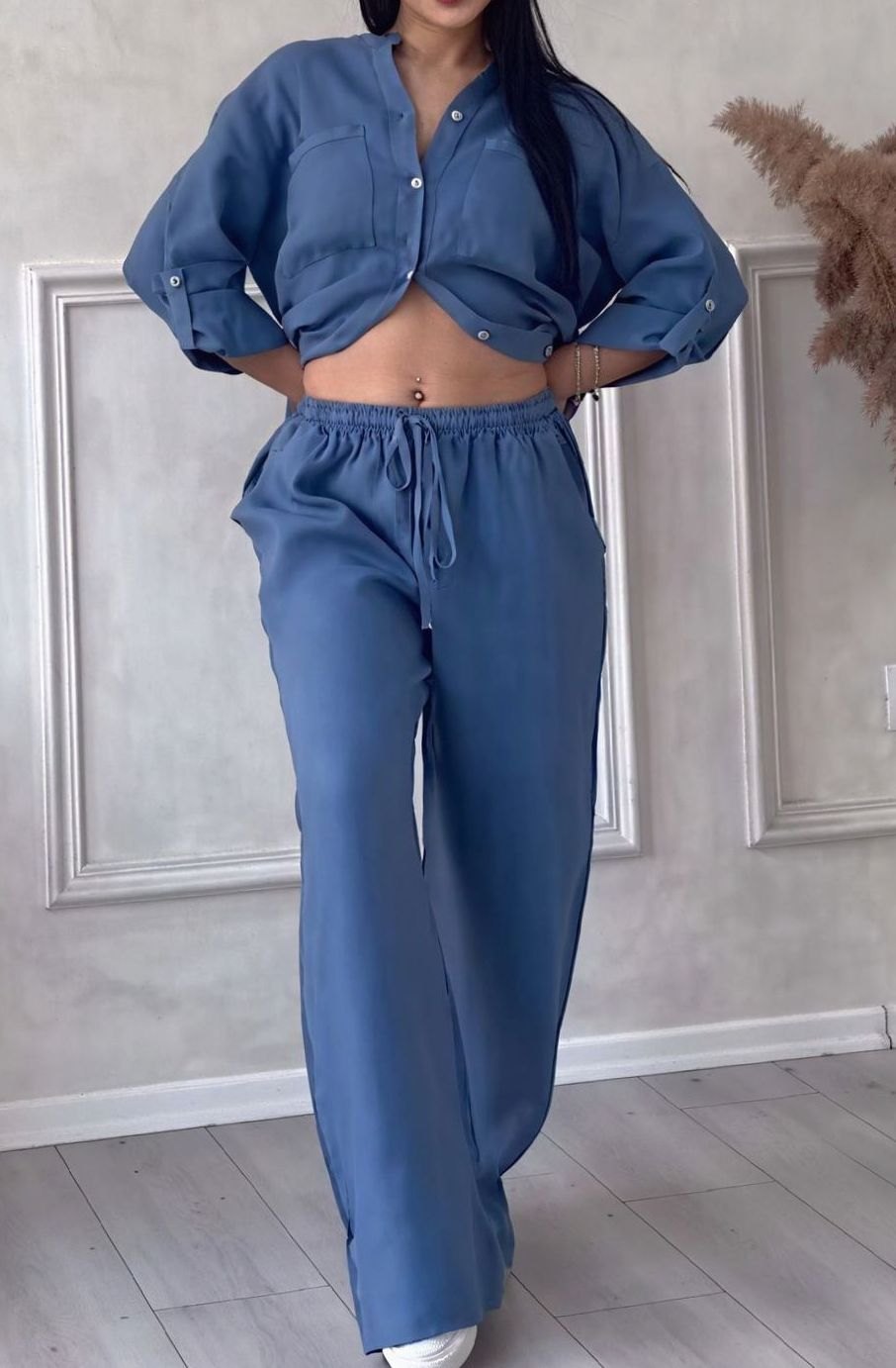 Women's Relaxed Wide-Leg Linen Two-Piece Set - Blue