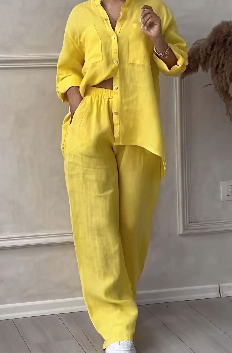 Women's Relaxed Wide-Leg Linen Two-Piece Set - Yellow