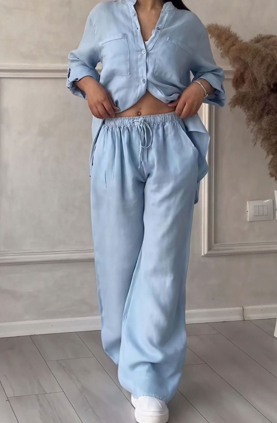 Women's Relaxed Wide-Leg Linen Two-Piece Set - Light Blue