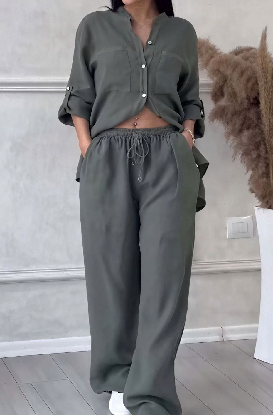 Women's Relaxed Wide-Leg Linen Two-Piece Set - Dark Grey