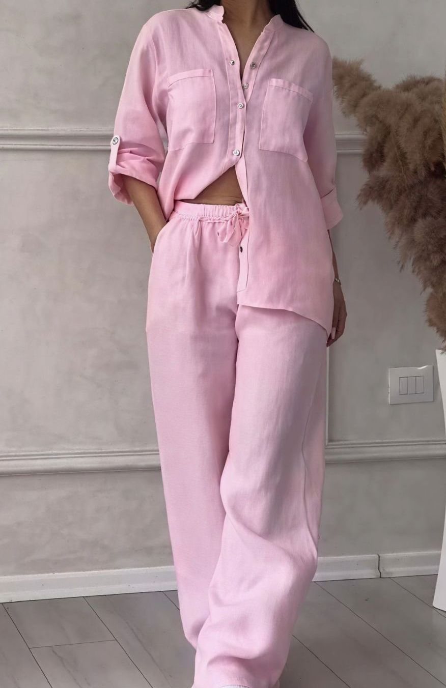 Women's Relaxed Wide-Leg Linen Two-Piece Set - Pink