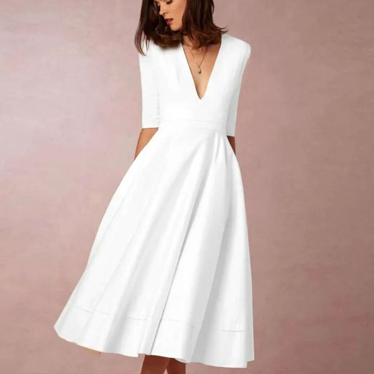 Women's Retro A-Line Deep V-Neck Midi Dress - White