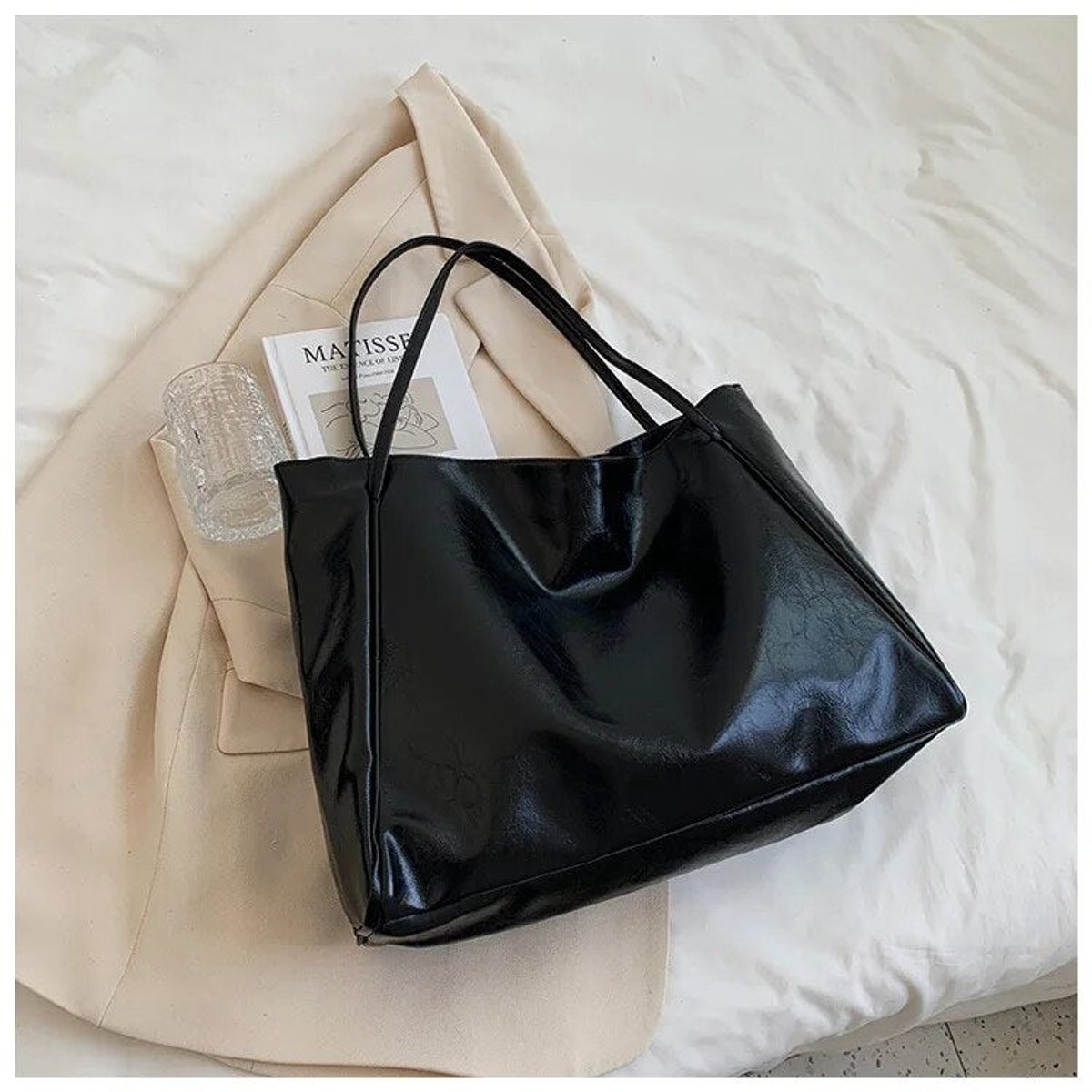 Women's Retro PU Leather Large Shoulder Tote Bag - Schwarz