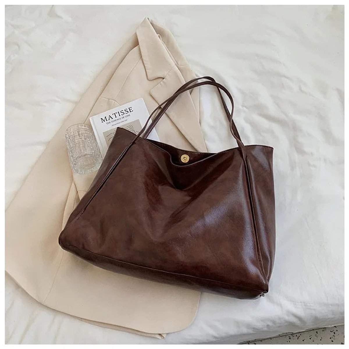 Women's Retro PU Leather Large Shoulder Tote Bag - Kaffee