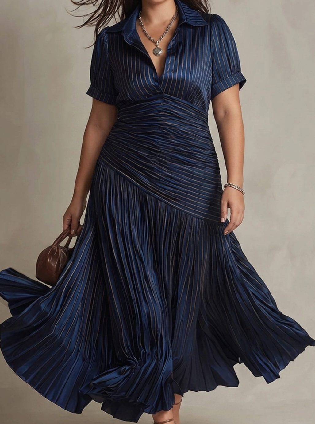 Women's Retro Striped Satin Midi Dress Short-Sleeve Collared