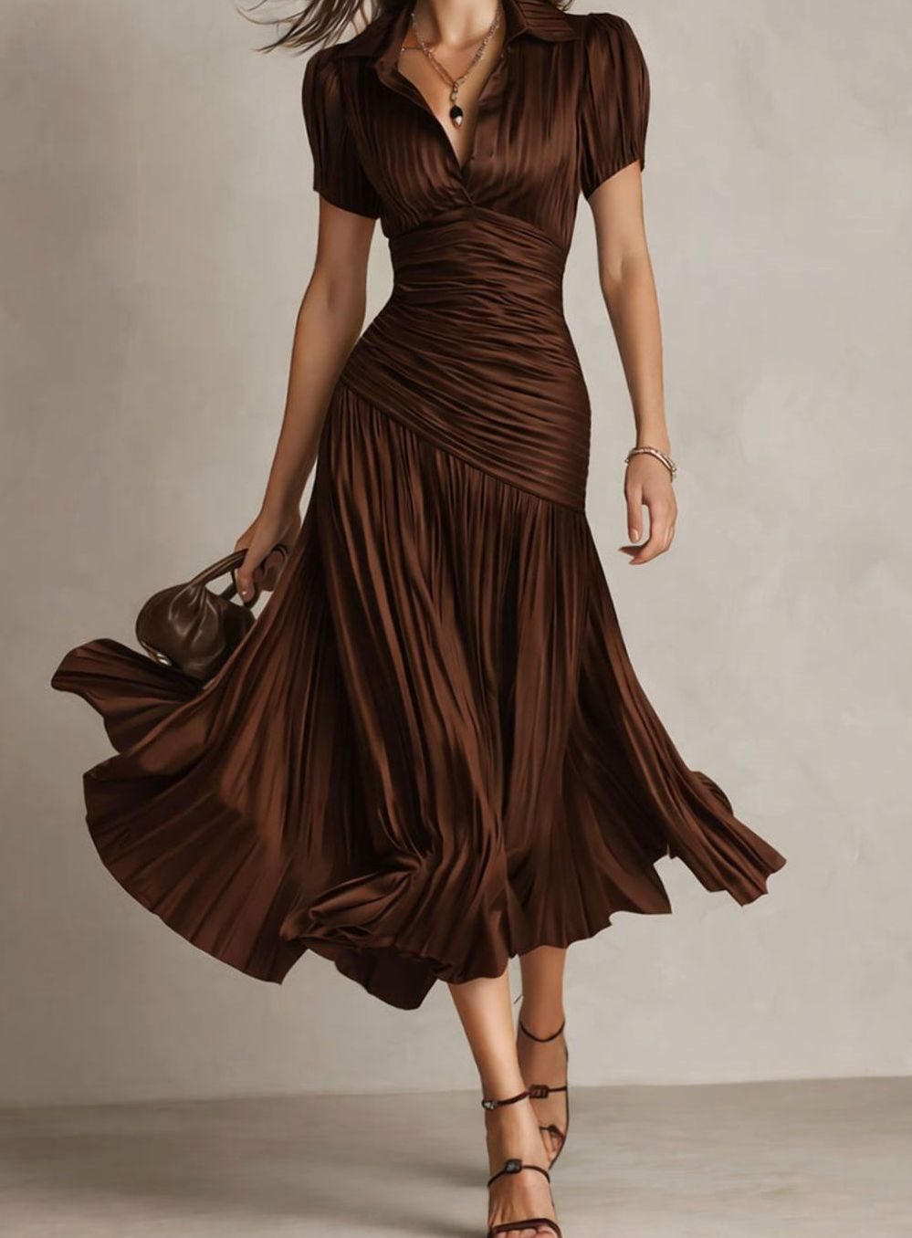 Women's Retro Striped Satin Midi Dress Short-Sleeve Collared - Brown