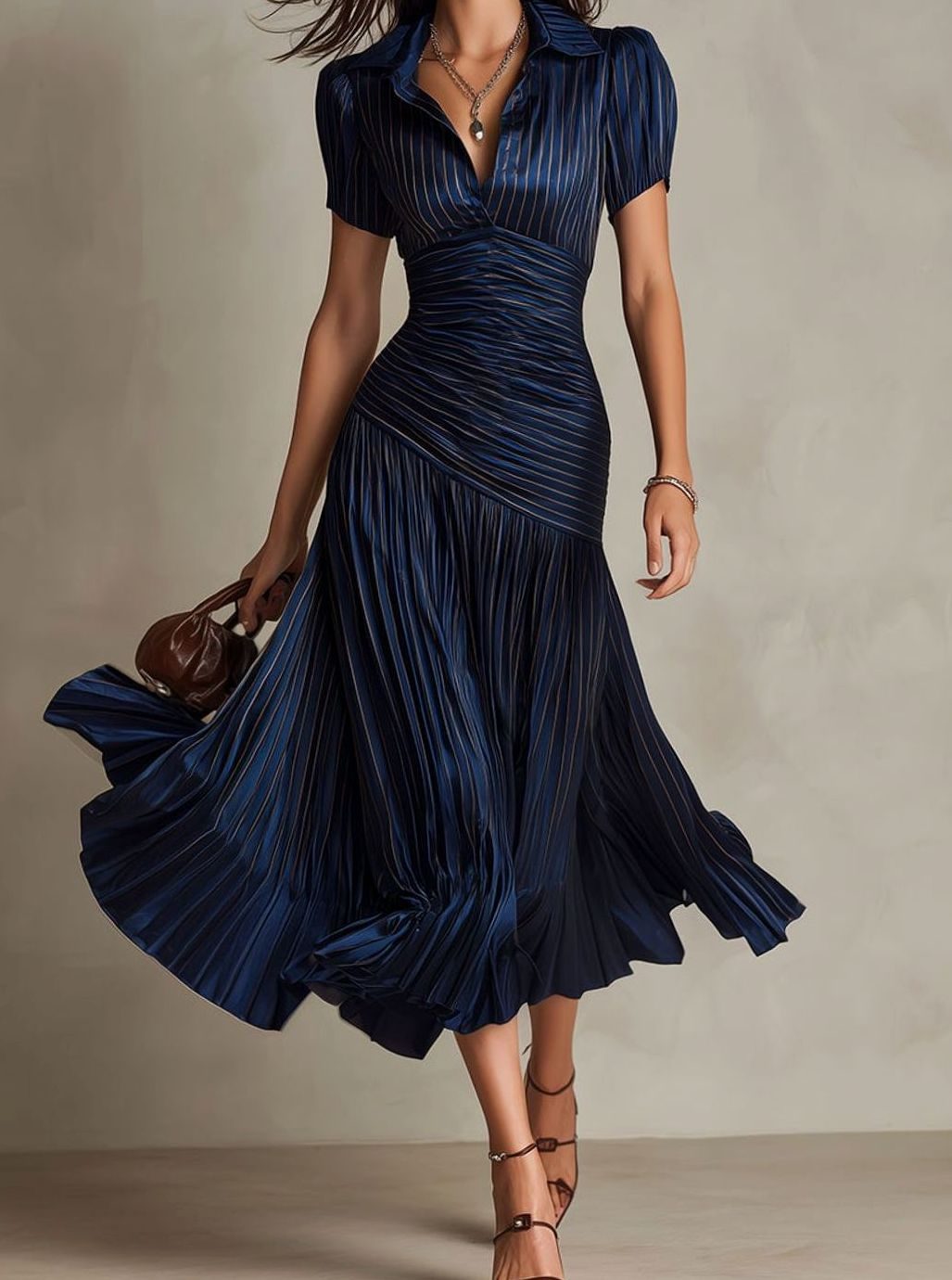 Women's Retro Striped Satin Midi Dress Short-Sleeve Collared