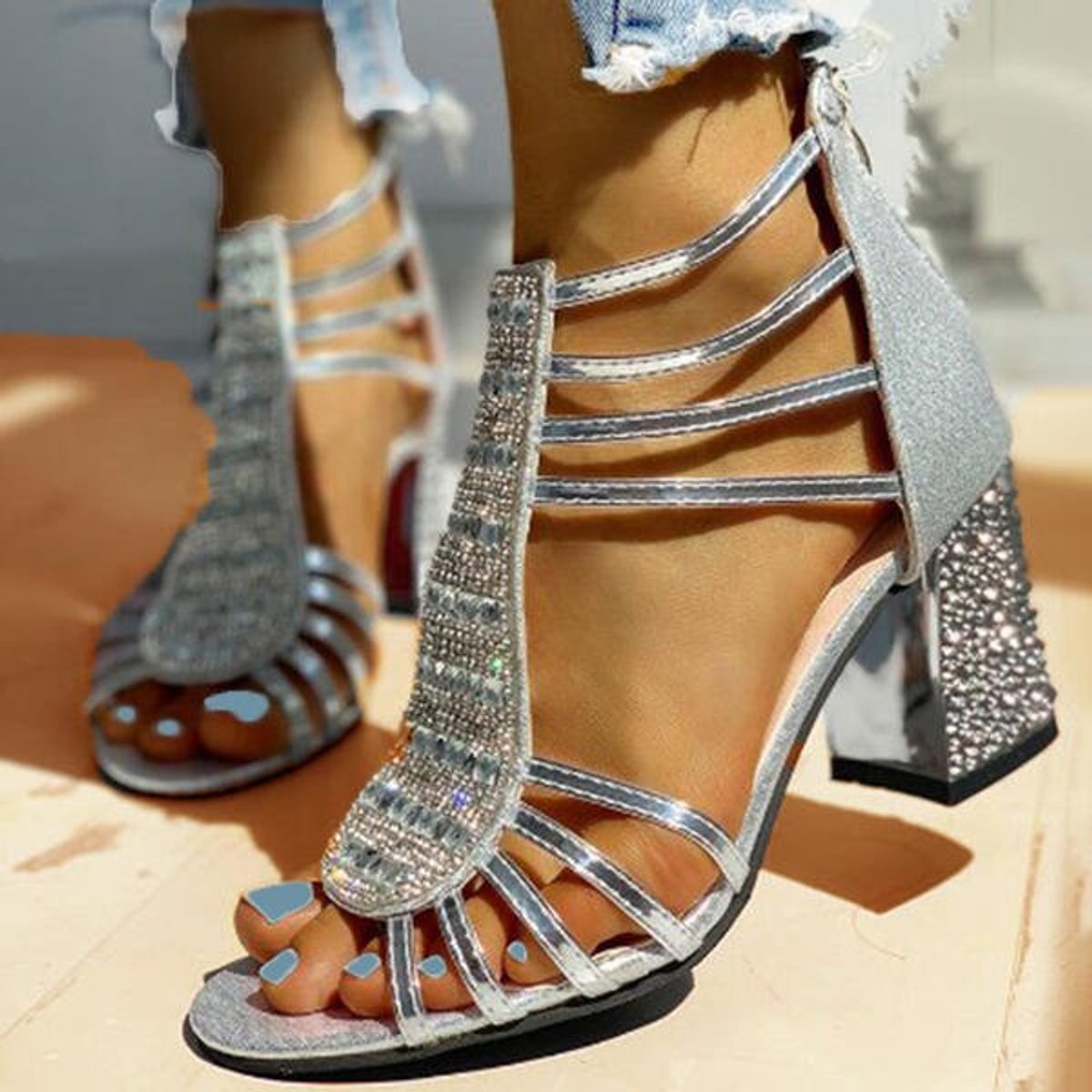 Women's Rhinestone Strappy Block Heel Comfortable Sandals