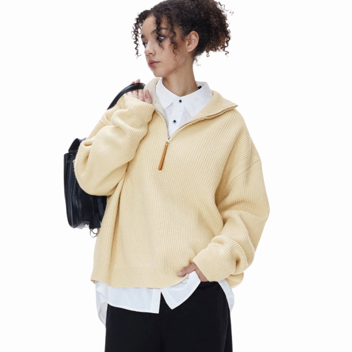 Women's Ribbed Cotton Half Zip Jumper Relaxed Oversized Pullover