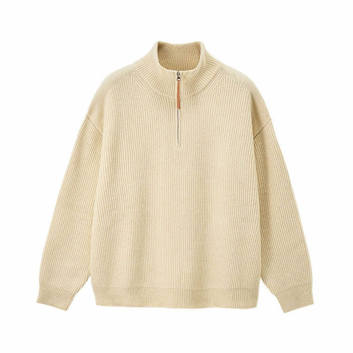 Women's Ribbed Cotton Half Zip Jumper Relaxed Oversized Pullover - Cream