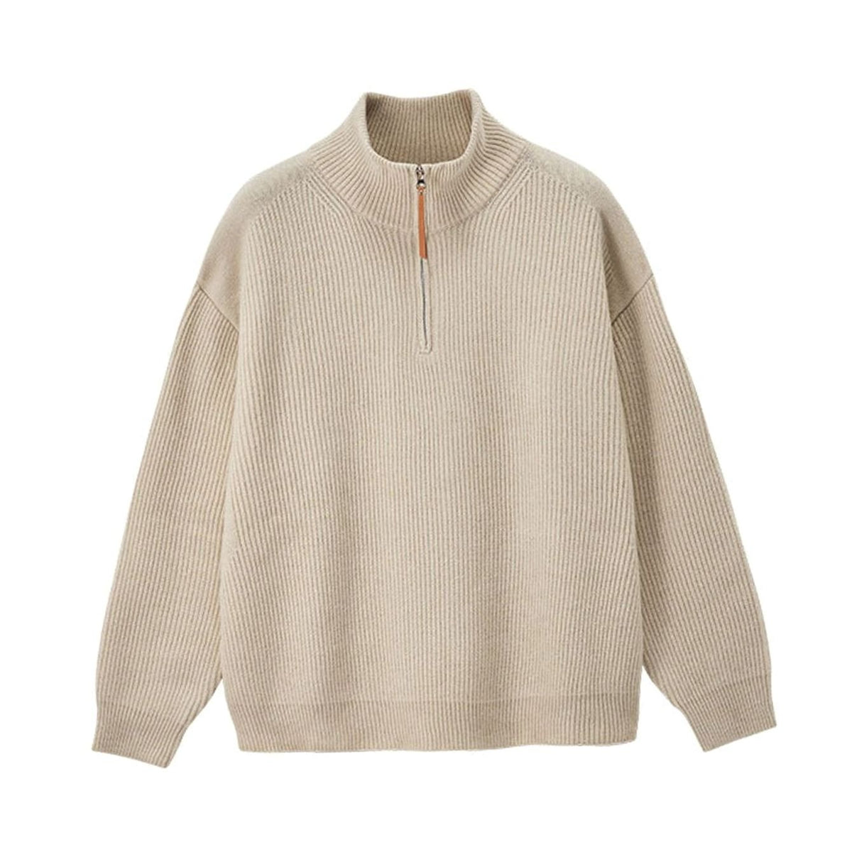 Women's Ribbed Cotton Half Zip Jumper Relaxed Oversized Pullover - Camel