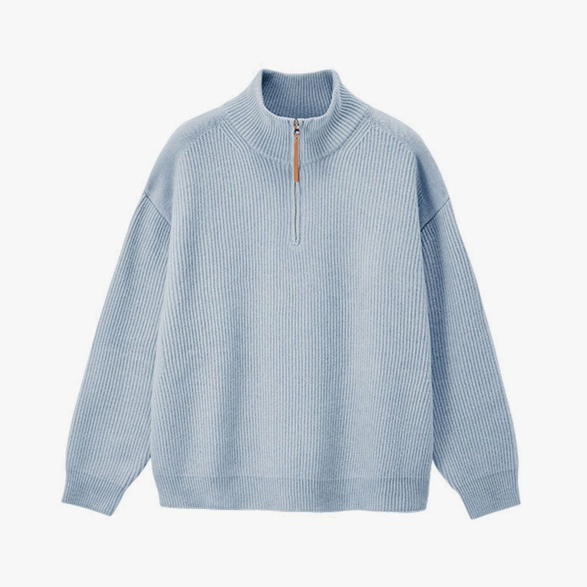 Women's Ribbed Cotton Half Zip Jumper Relaxed Oversized Pullover - Blue