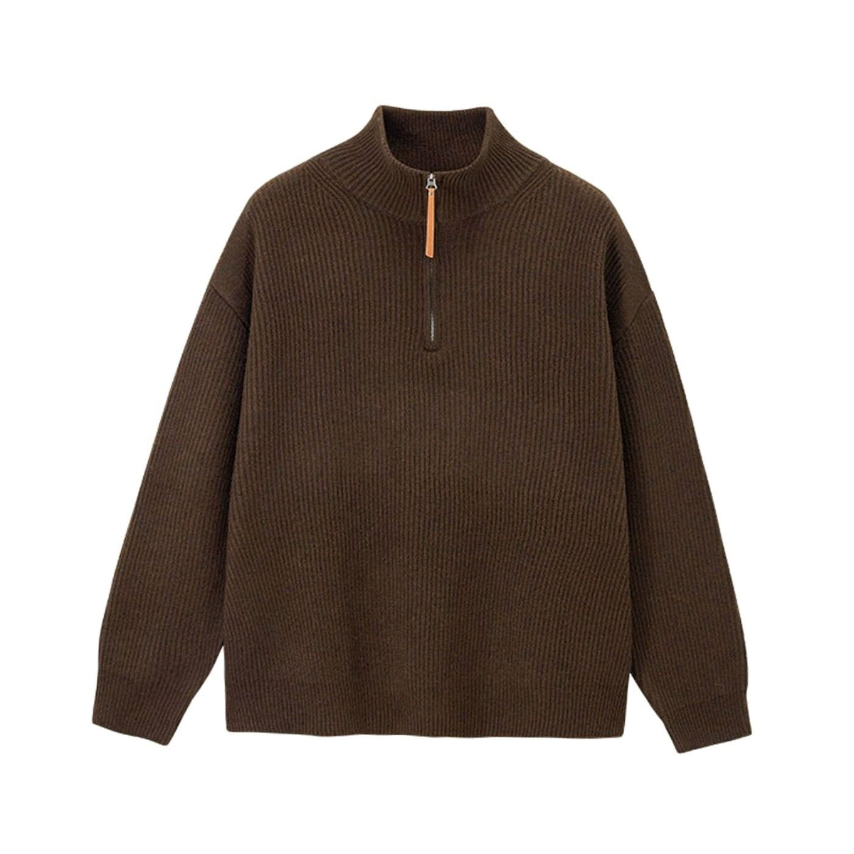 Women's Ribbed Cotton Half Zip Jumper Relaxed Oversized Pullover - Brown