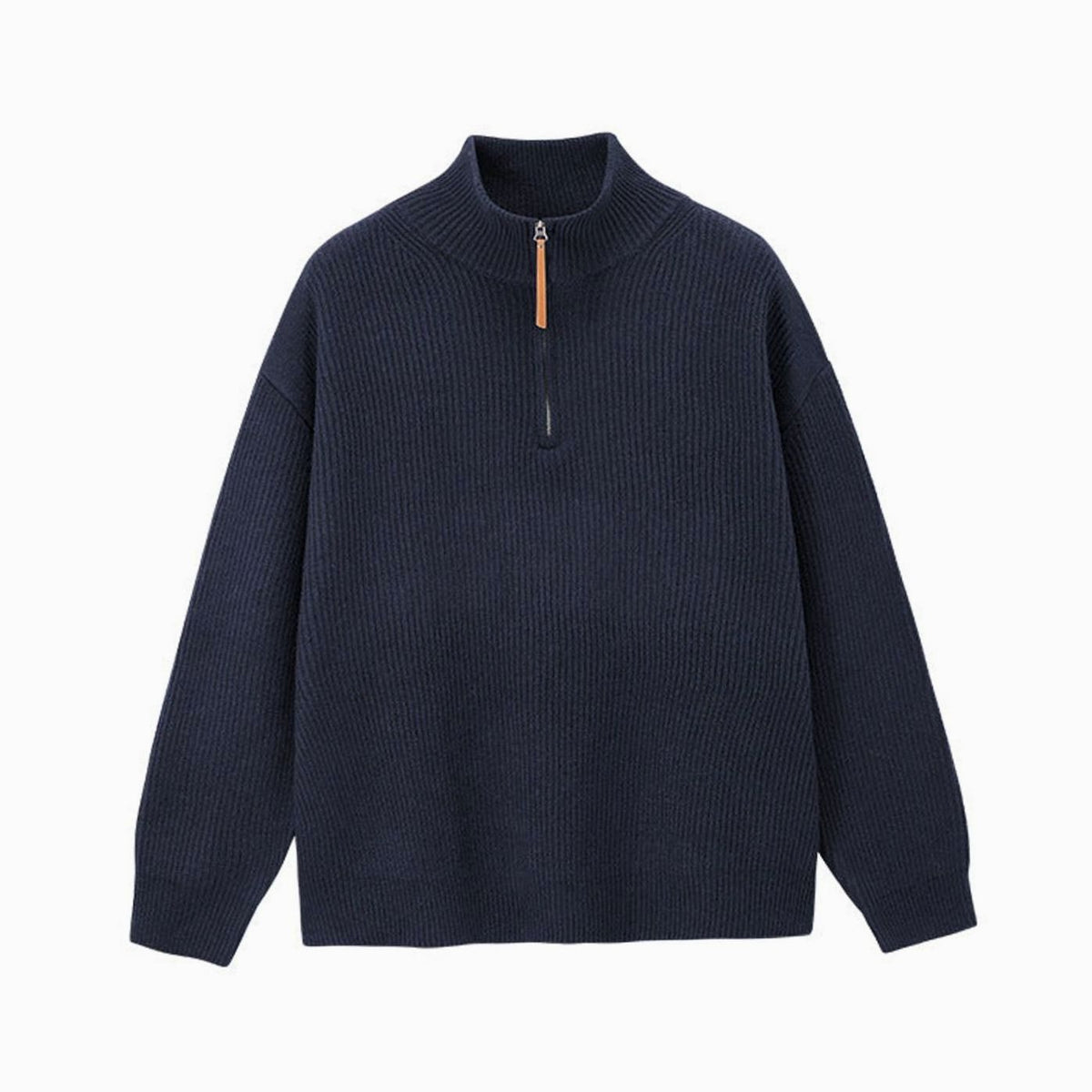 Women's Ribbed Cotton Half Zip Jumper Relaxed Oversized Pullover - Navy
