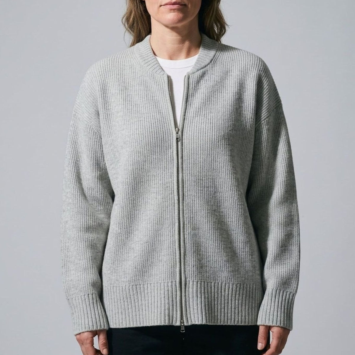 Women's Ribbed Full-Zip Relaxed Knit Cardigan - Silver Grey