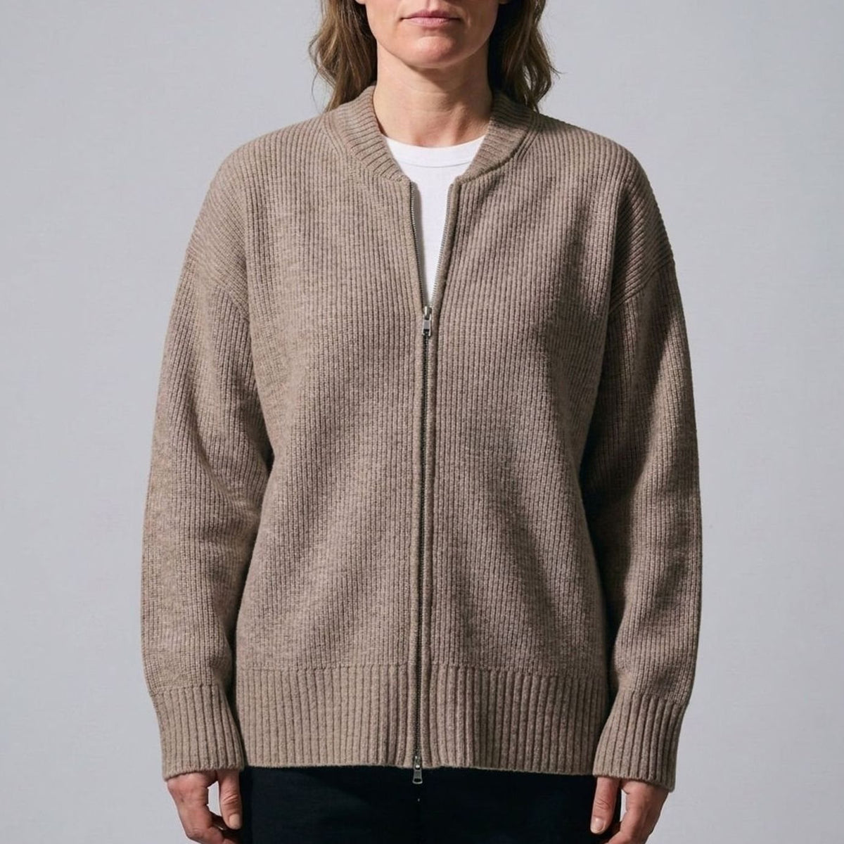Women's Ribbed Full-Zip Relaxed Knit Cardigan - Mocha