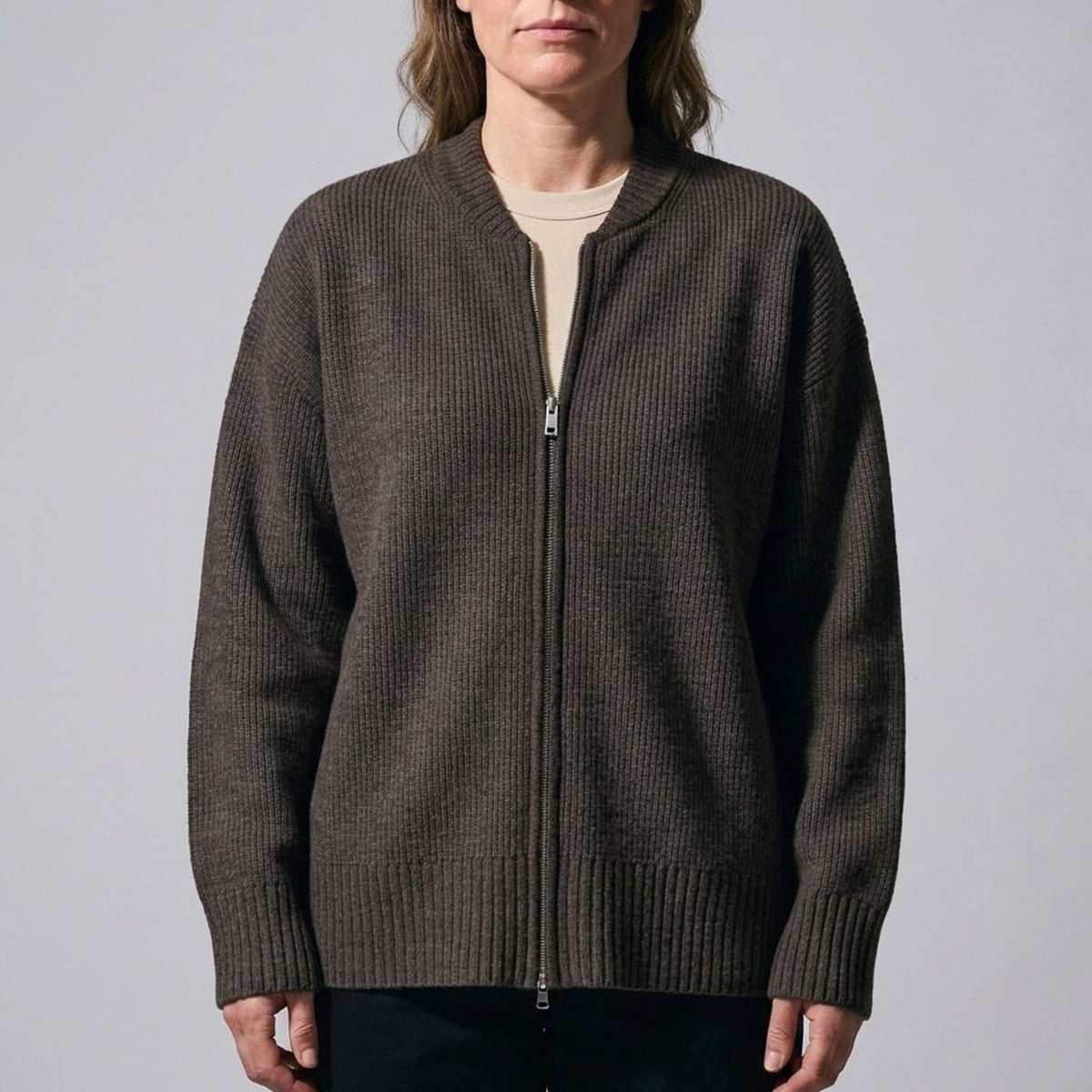 Women's Ribbed Full-Zip Relaxed Knit Cardigan - Coffee