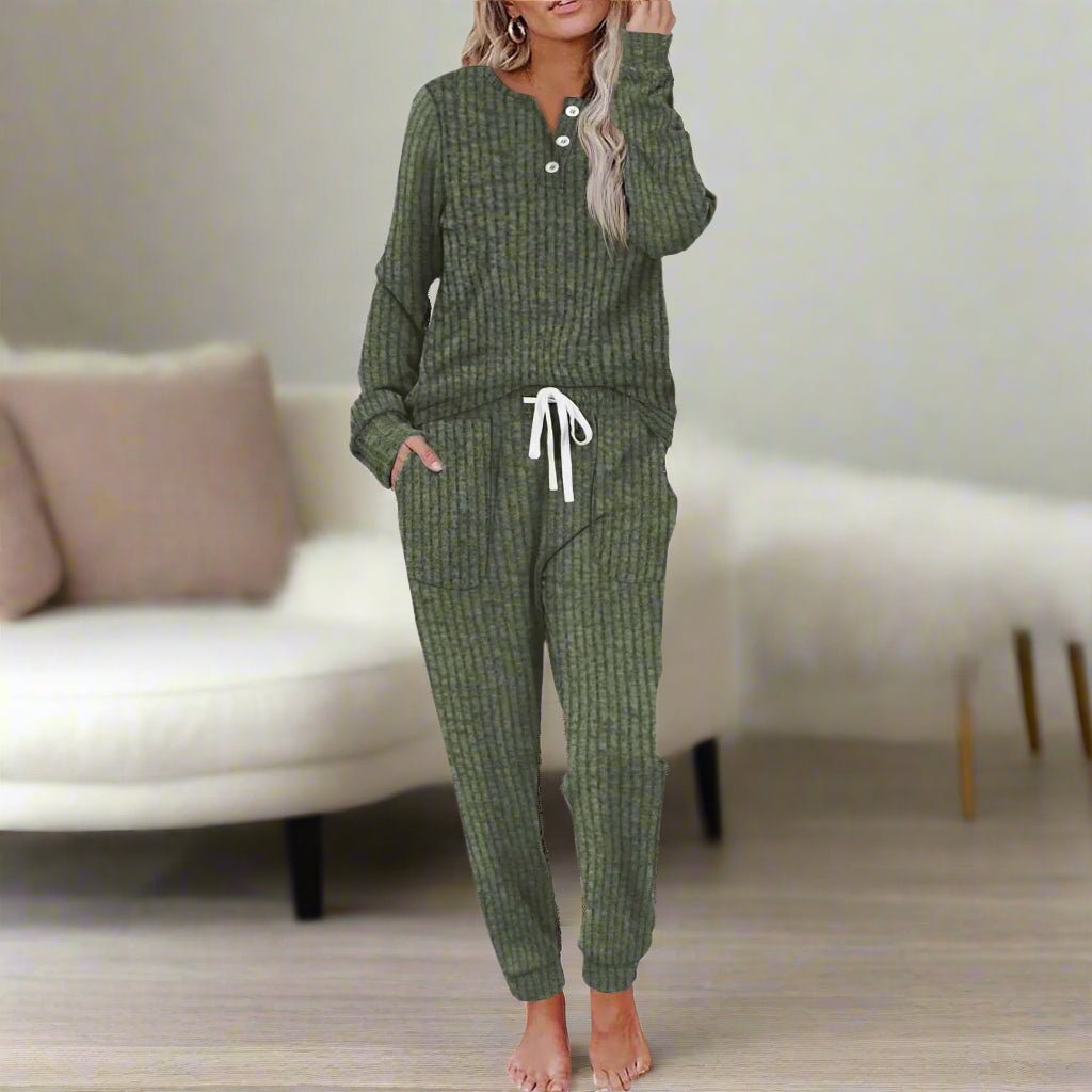 Women's Ribbed Long-Sleeve Henley Drawstring Loungewear Two-Piece Set - Leaf Green