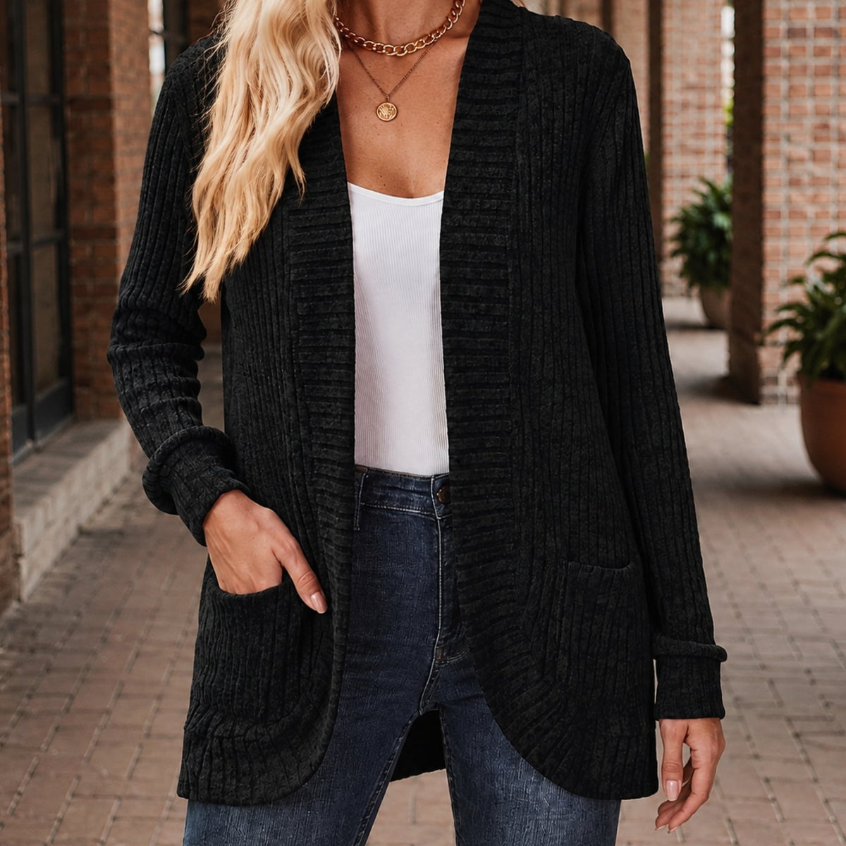 Women's Ribbed Open-Front Long-Sleeve Cardigan with Patch Pockets - Black