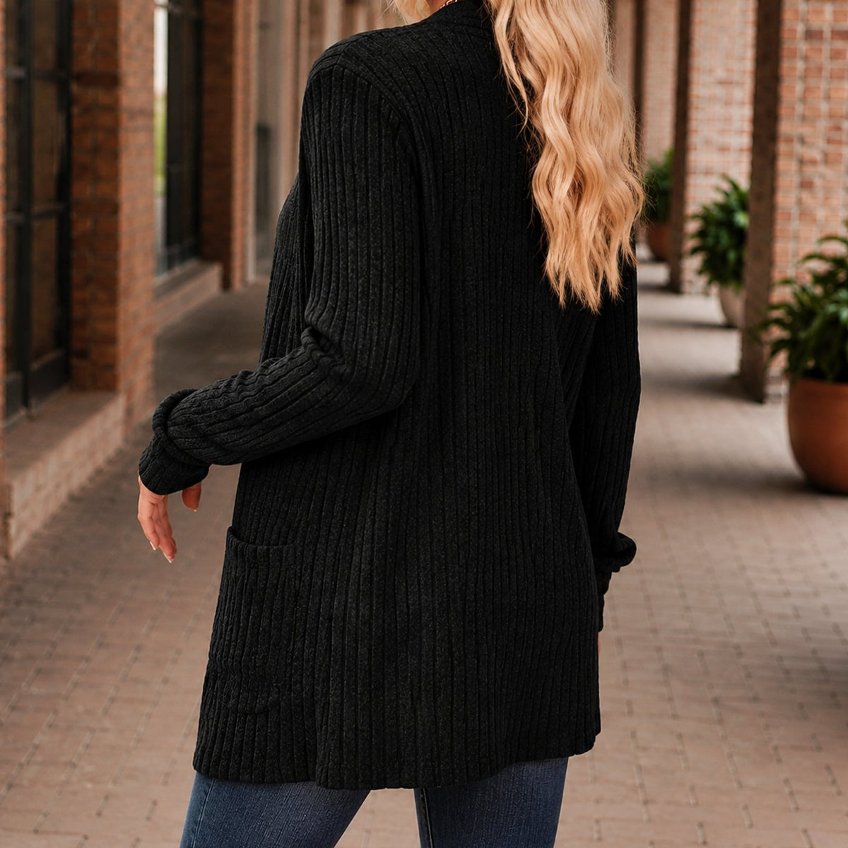 Women's Ribbed Open-Front Long-Sleeve Cardigan with Patch Pockets