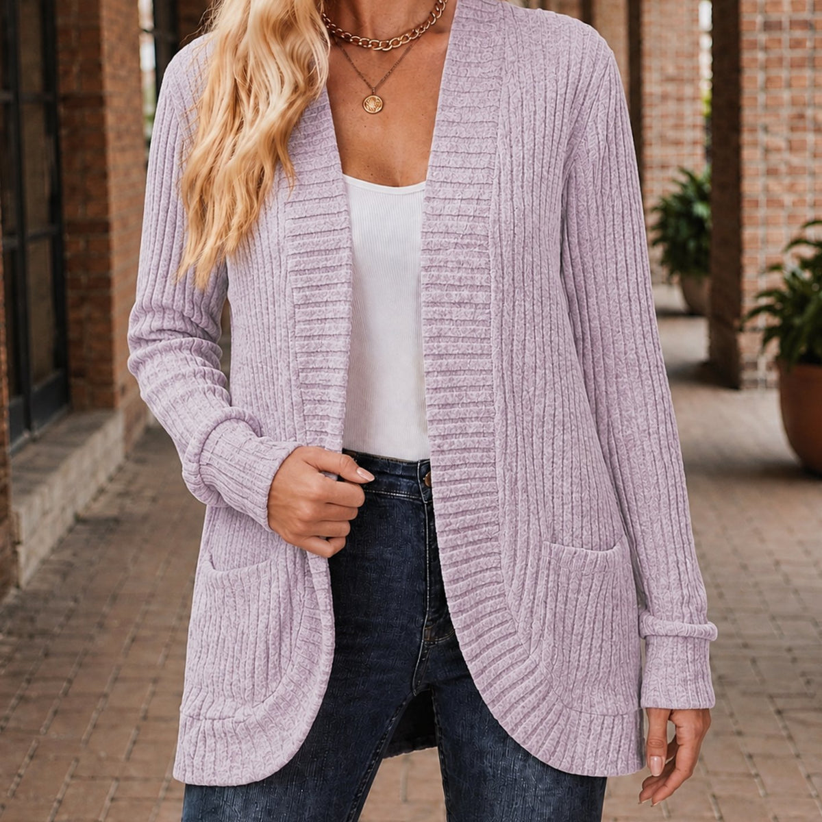Women's Ribbed Open-Front Long-Sleeve Cardigan with Patch Pockets - Light Purple