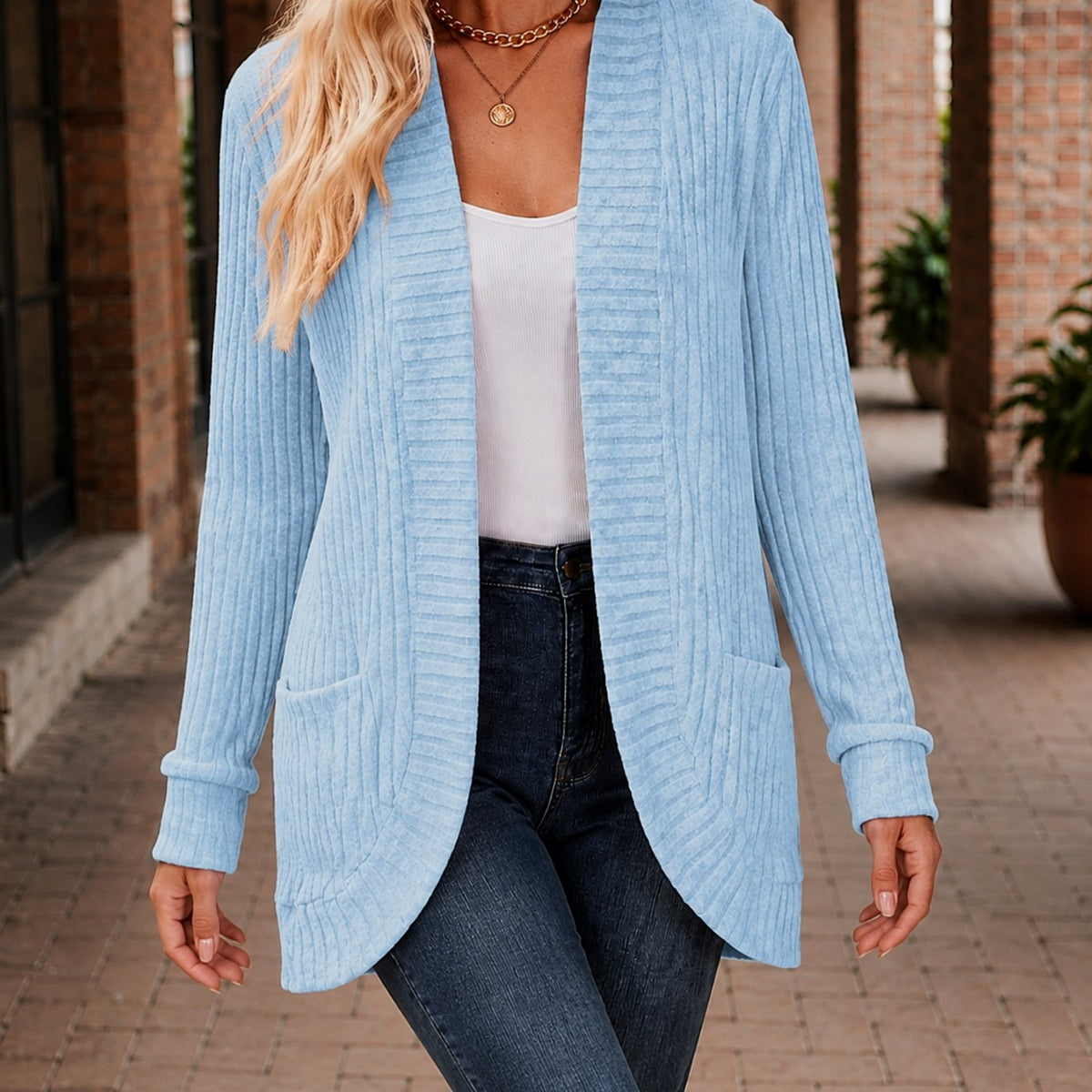 Women's Ribbed Open-Front Long-Sleeve Cardigan with Patch Pockets - Powder Blue