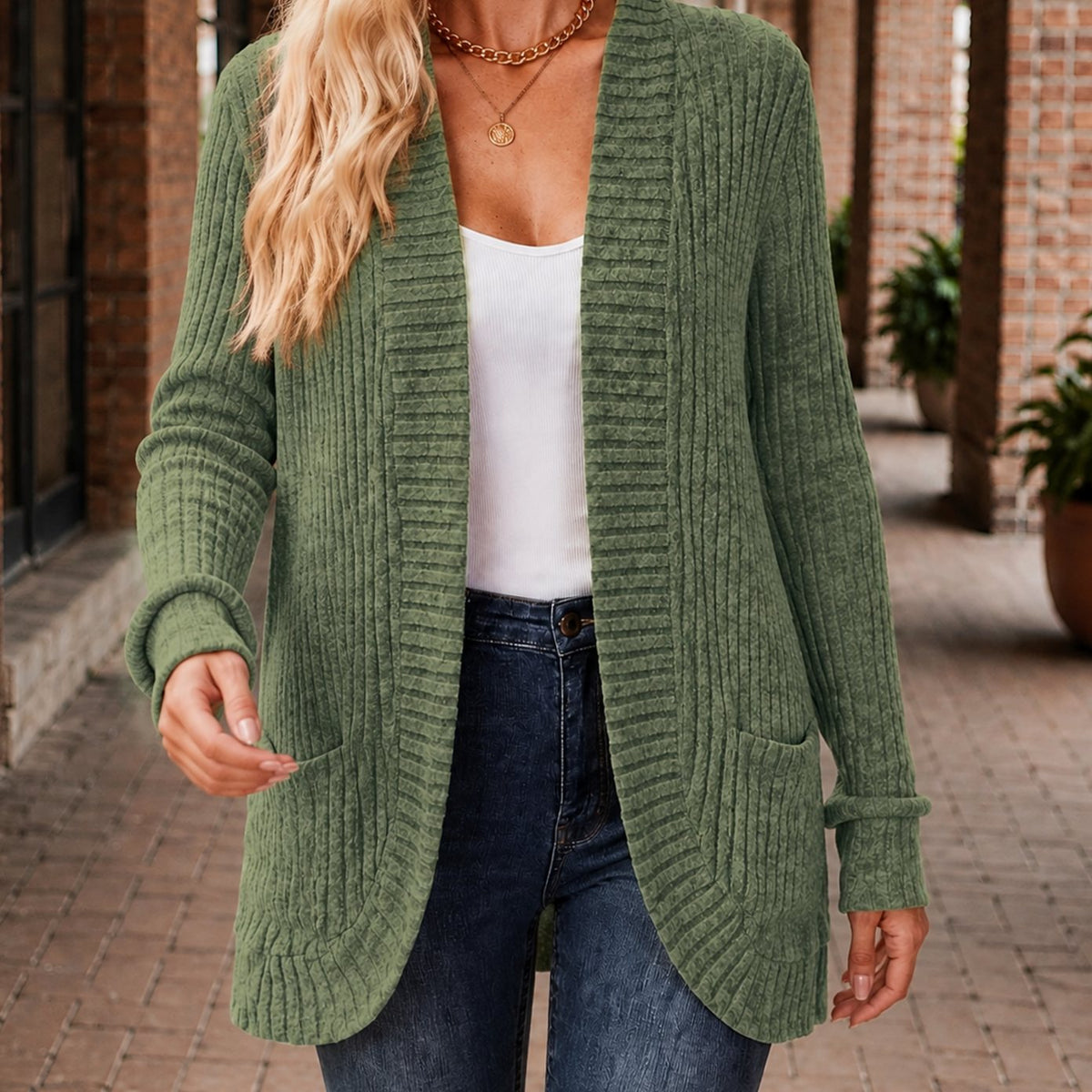 Women's Ribbed Open-Front Long-Sleeve Cardigan with Patch Pockets - Fern Green