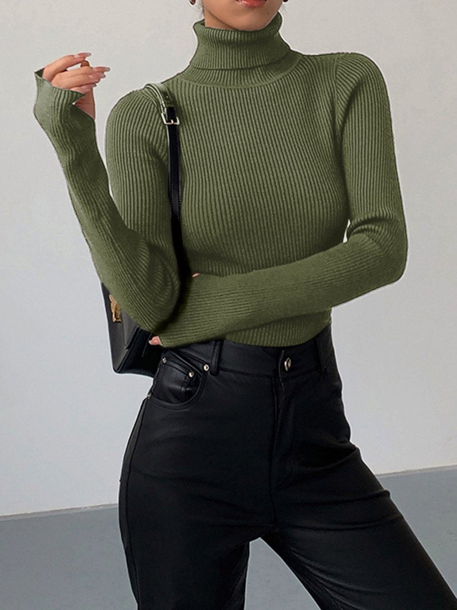 Women's Ribbed Turtleneck Fine Knit Sweater - Green