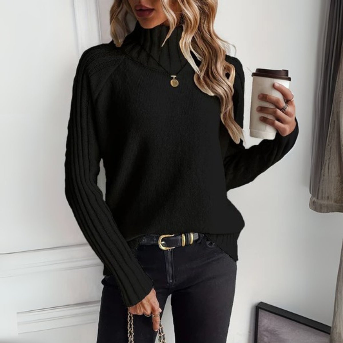 Women's Ribbed Turtleneck Sweater Relaxed Knit Pullover - Black