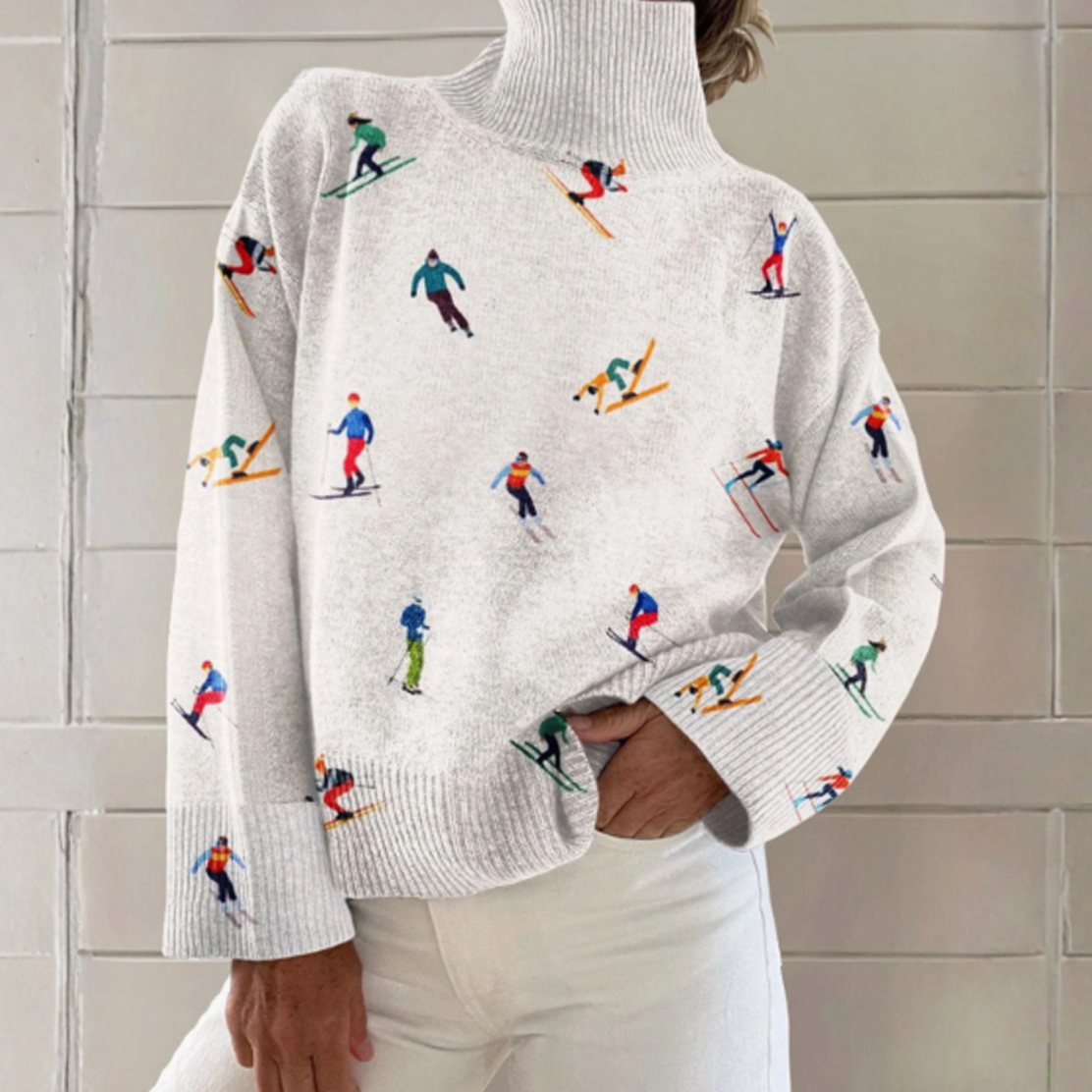 Women's Roll Neck Jumper Skier Print Long Sleeve Knit Top - White