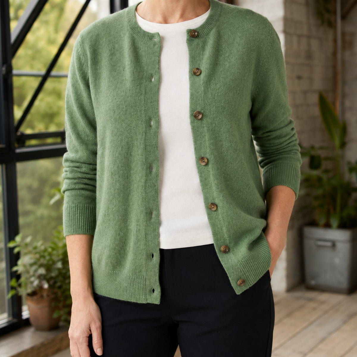 Women's Round-Neck Button-Front Soft Knit Cardigan - Green