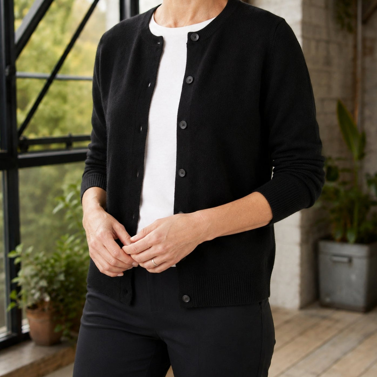 Women's Round-Neck Button-Front Soft Knit Cardigan - Black