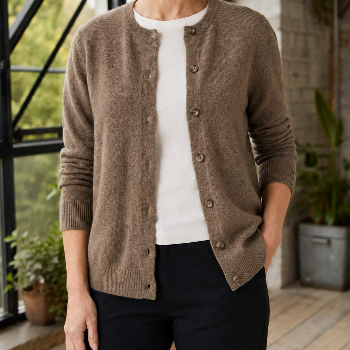 Women's Round-Neck Button-Front Soft Knit Cardigan - Brown