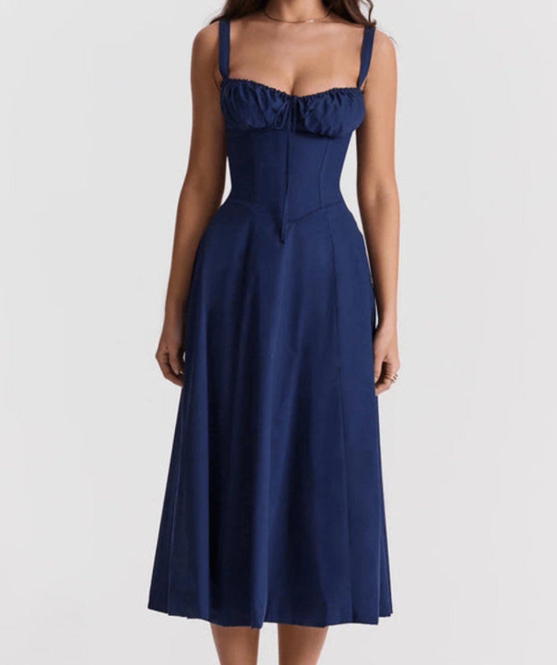 Women's Ruched-Bust Corset Strappy Midi Party Dress - Navy