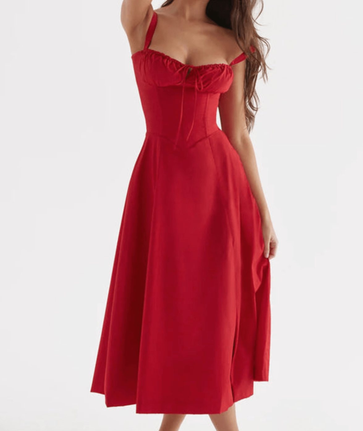 Women's Ruched-Bust Corset Strappy Midi Party Dress - Red