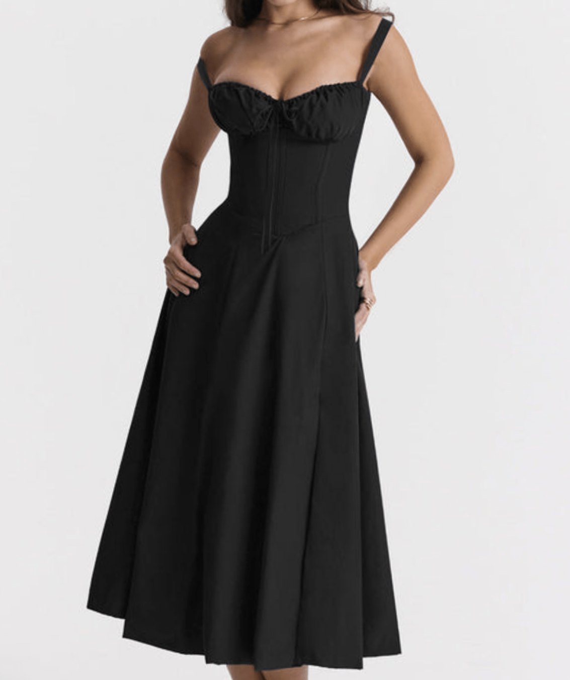 Women's Ruched-Bust Corset Strappy Midi Party Dress - Black