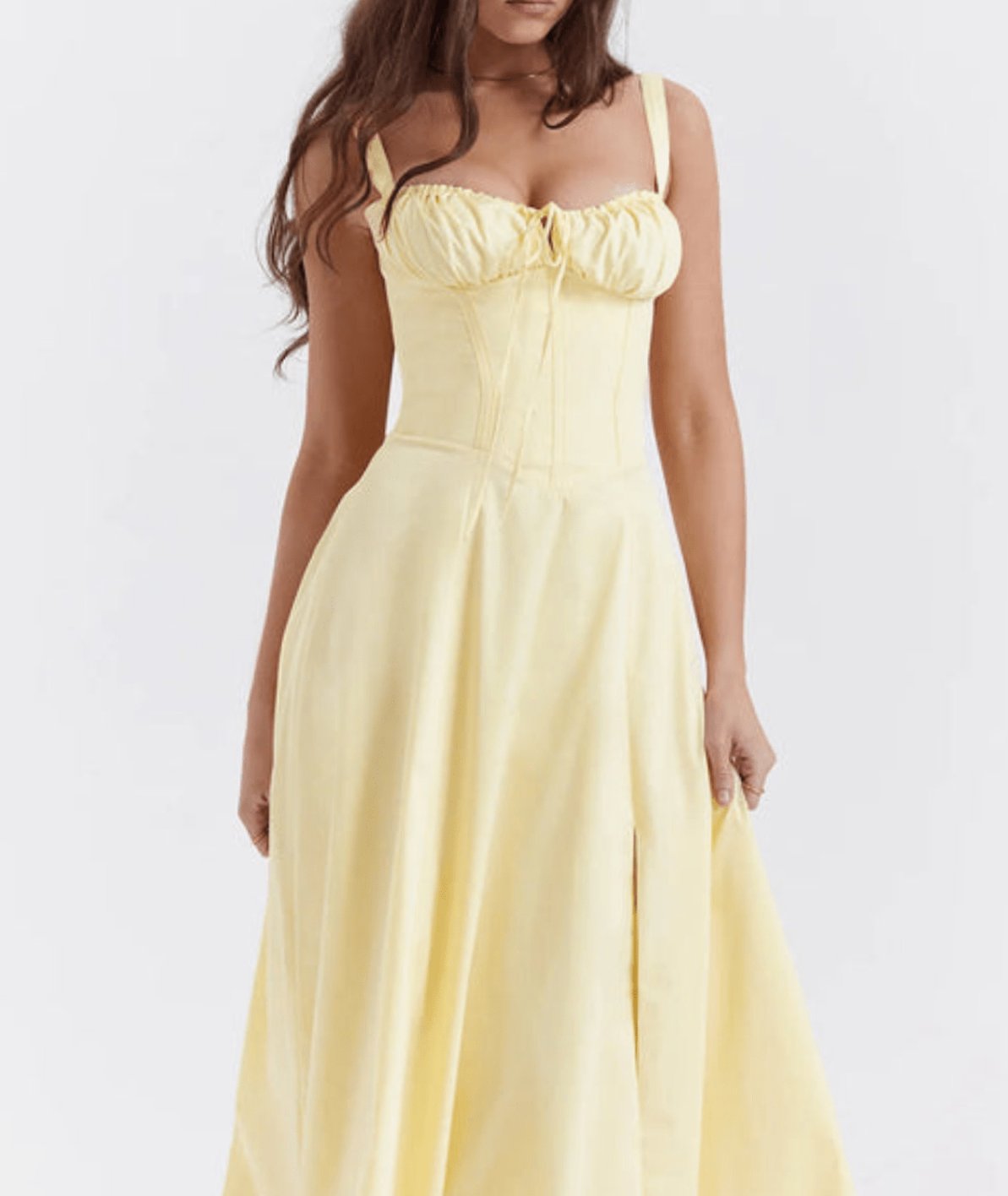 Women's Ruched-Bust Corset Strappy Midi Party Dress - Yellow