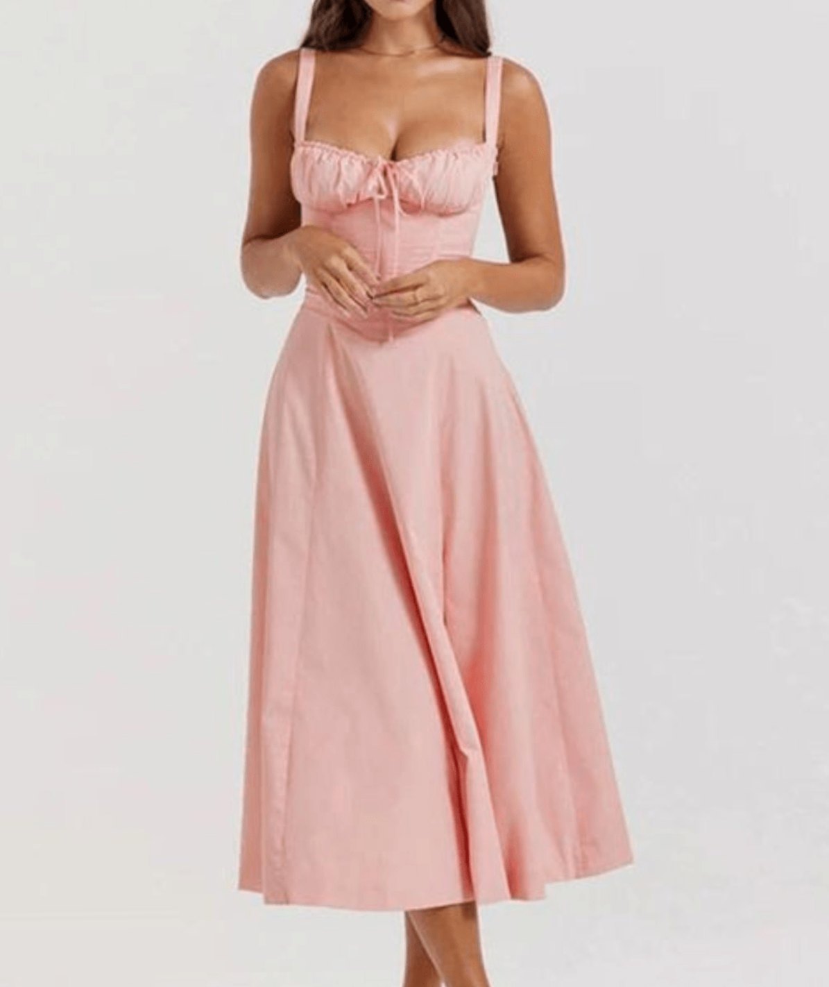 Women's Ruched-Bust Corset Strappy Midi Party Dress - Pink