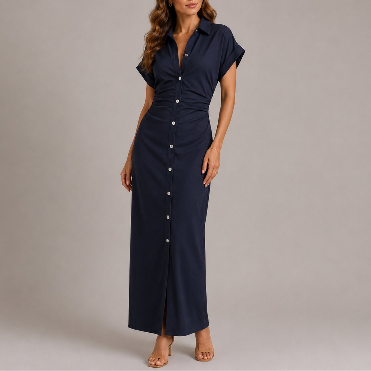 Women's Ruched Button-Front Collared Midi Shirt Dress - Navy