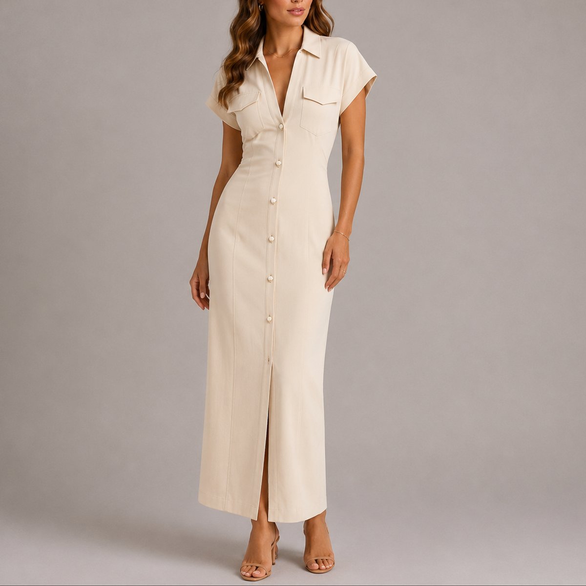 Women's Ruched Button-Front Collared Midi Shirt Dress - Beige