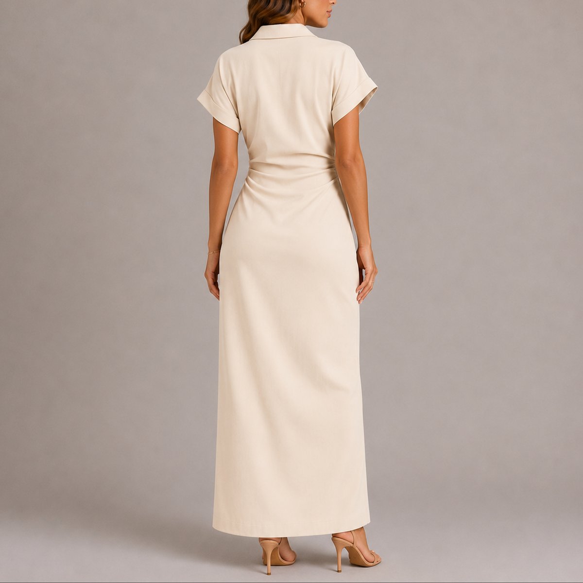 Women's Ruched Button-Front Collared Midi Shirt Dress