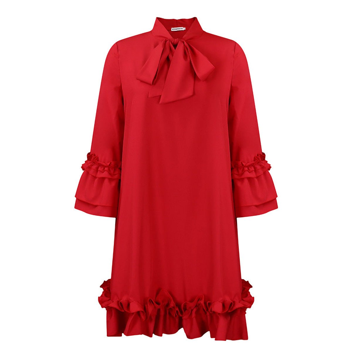 Women's Ruffle-Hem Bow-Collar Mini Tunic Dress - Rot